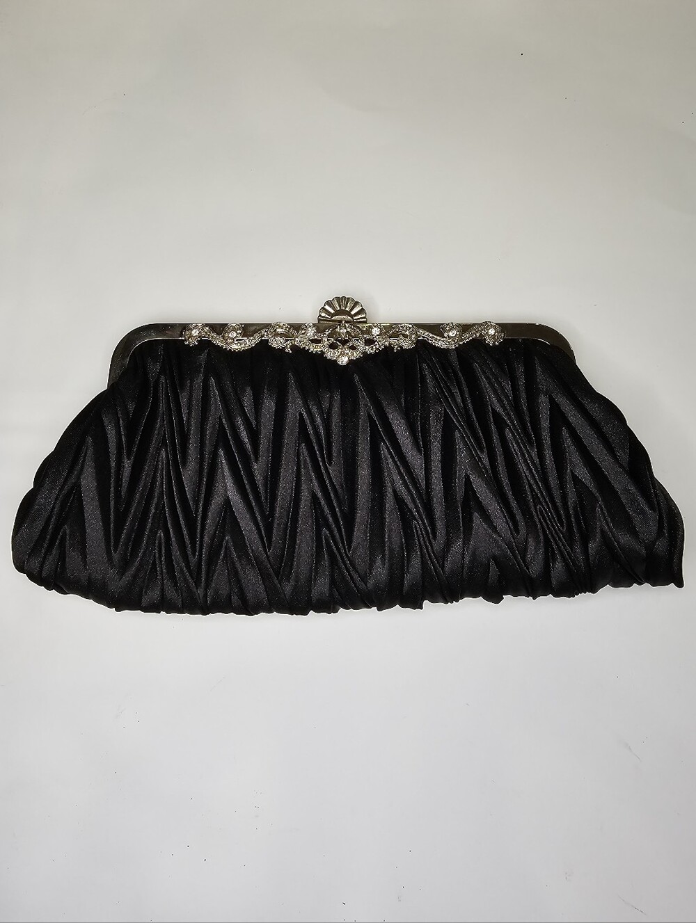 NWOT Black Satin Ruched Evening Bag Crystal Frame Convertible Clutch Chain Purse